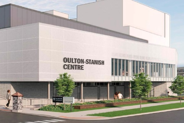 An exterior rendering of a the Oulton-Stanish Centre building 