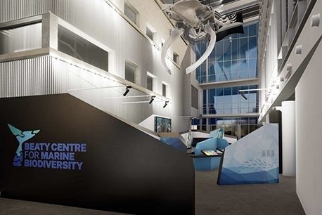 An interior rendering of the Beaty Centre for Marine Biodiversity with signs and displays
