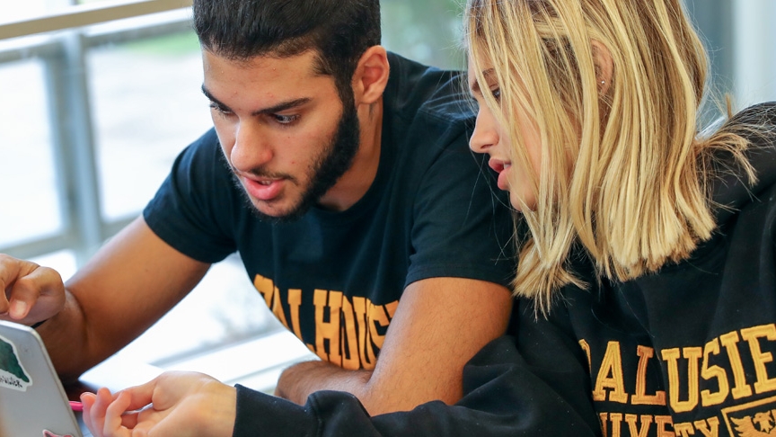 Two students wearing black Dalhousie tops view financial aid options on a laptop.