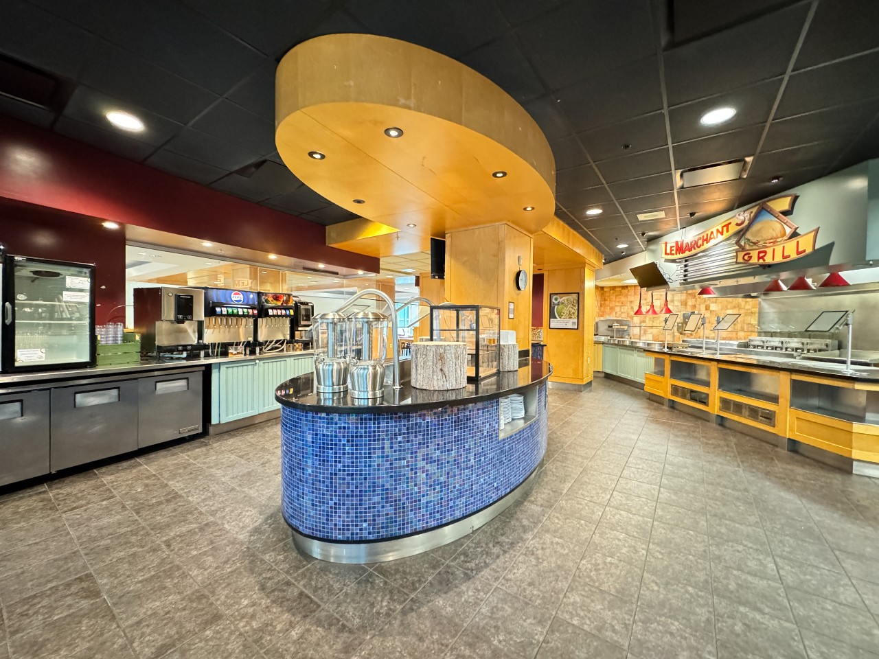 The servery area at the Risley dining hall features many different stations with a combination of hot meals and self-serve offerings