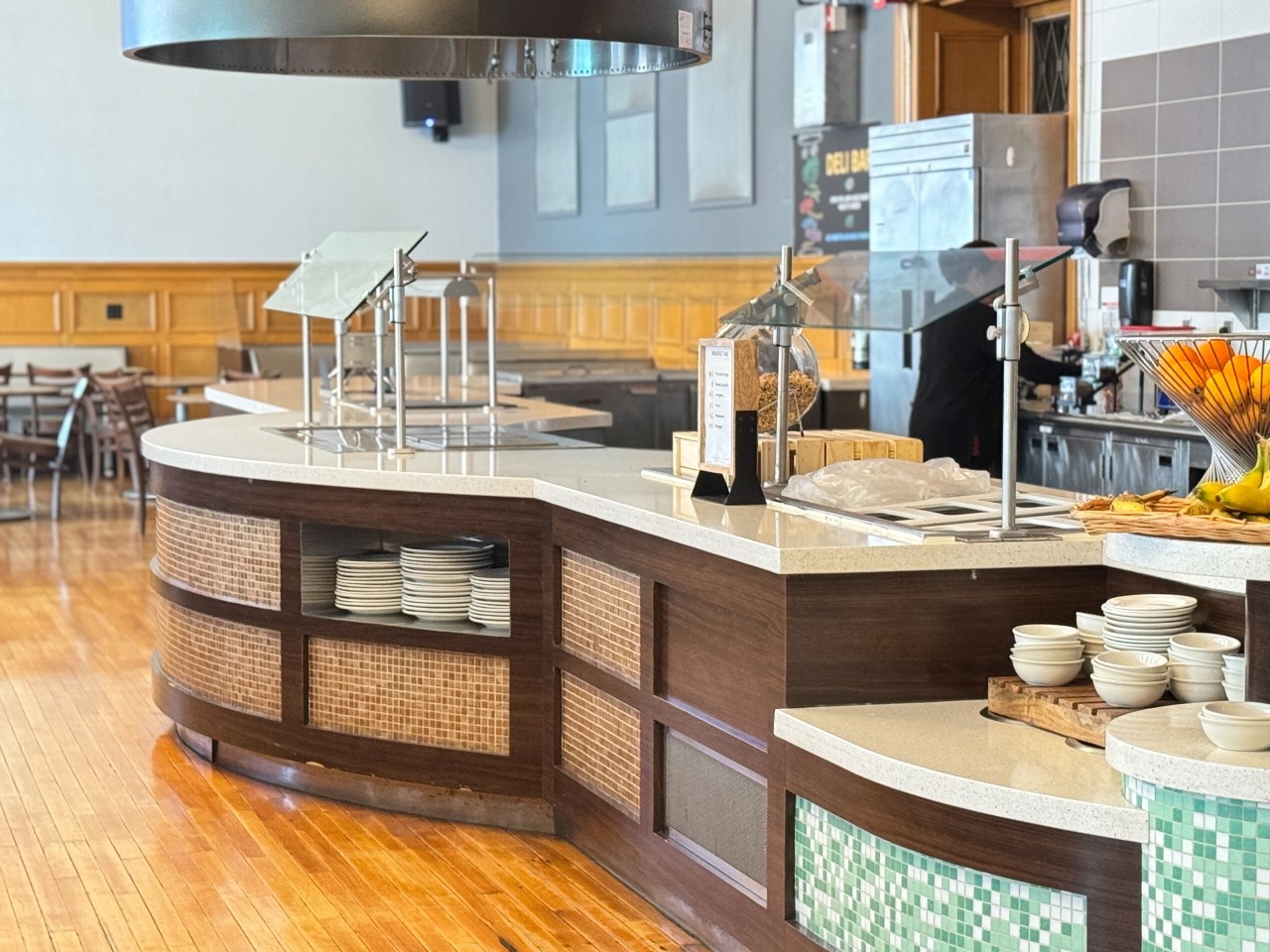 The made to order counter at howe hall, with three stations that serve custom dining options