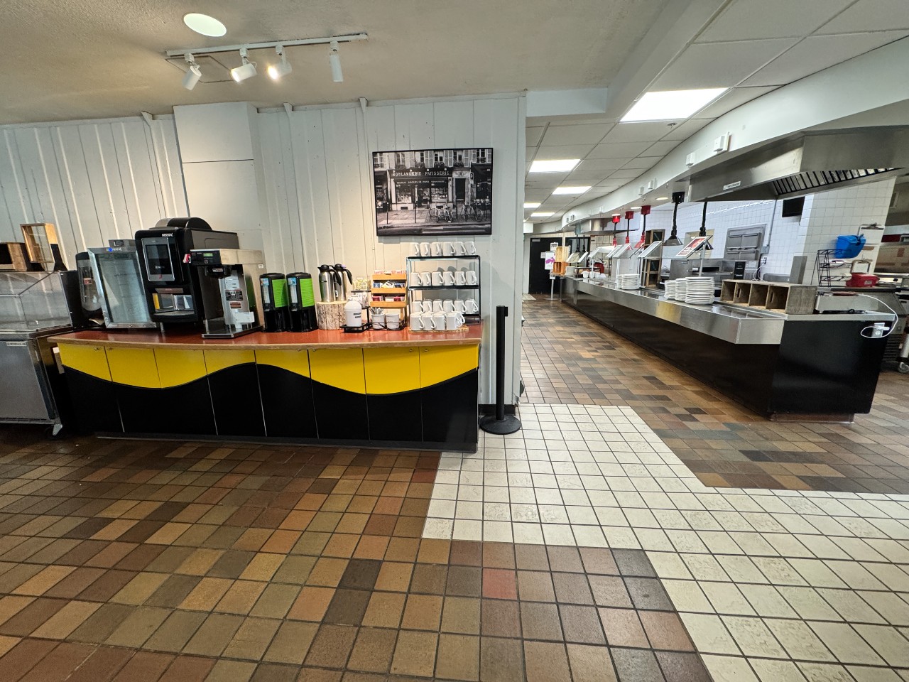 A view of the servery and coffee station in O'Brien dining hall
