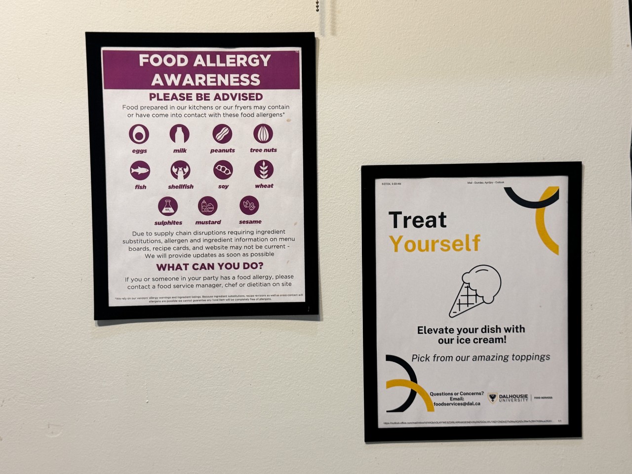 Signs show allergy awareness messages and encourages students to grab a treat