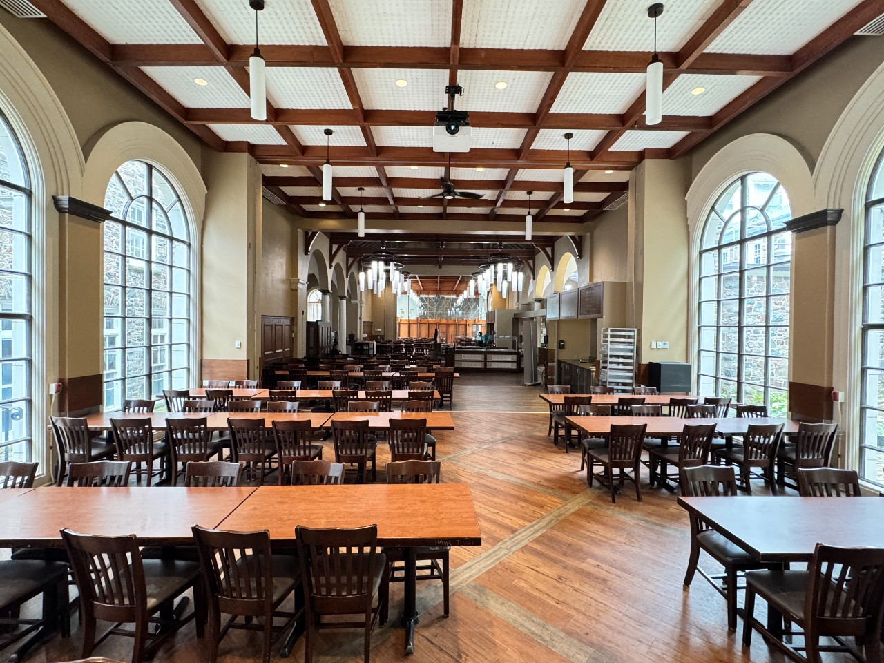 The seating in Shirreff dining hall is made of long tables with dark wooden chairs
