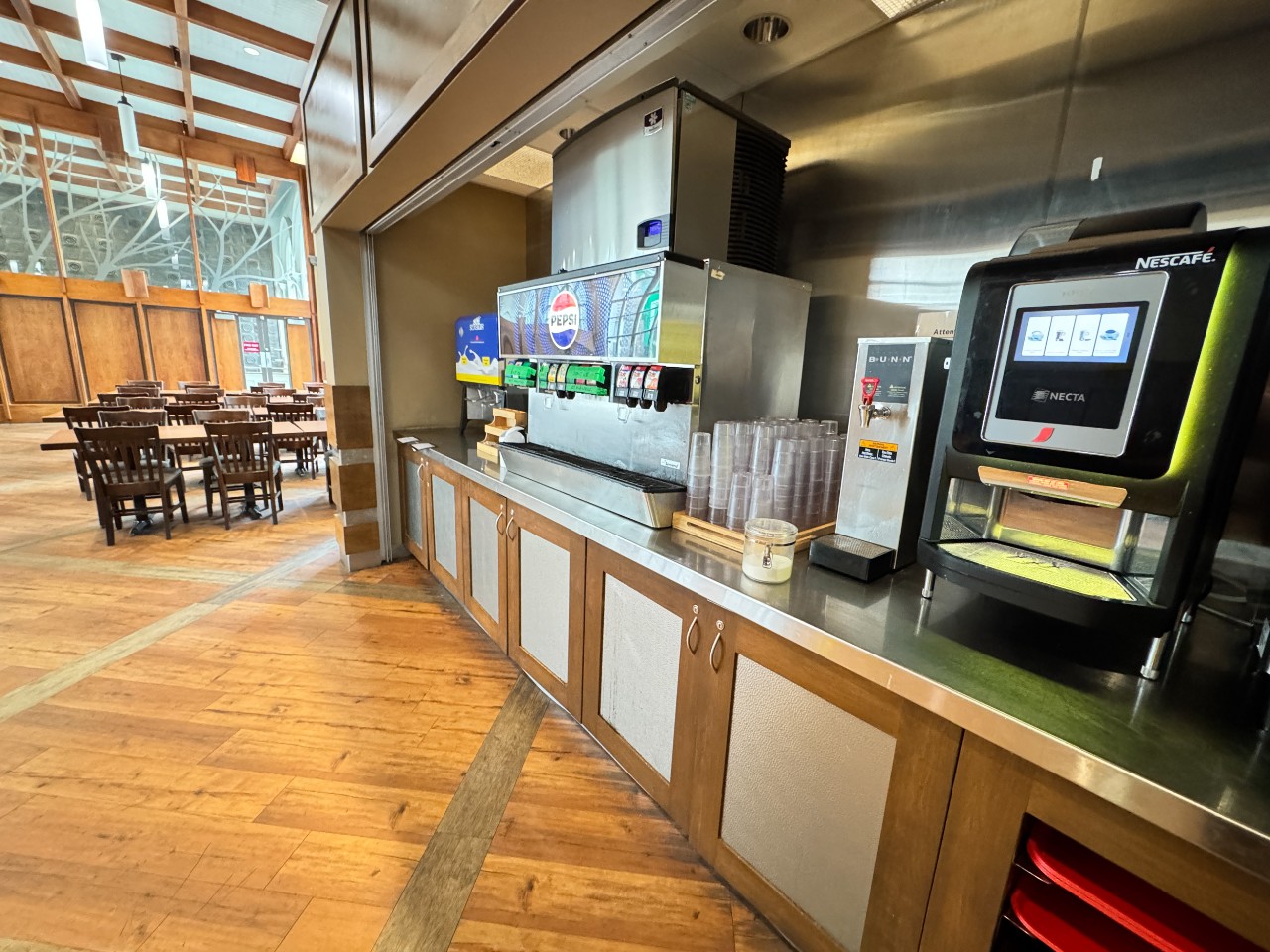 The drink station has plenty of options, including milk, water, juice, soda, tea and plenty of gourmet coffee drinks