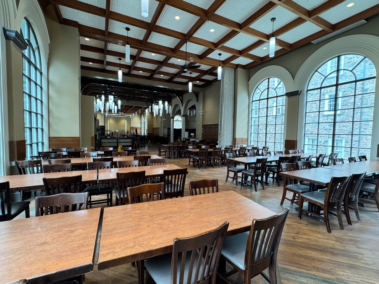 The seating in Shirreff dining hall is made of long tables with dark wooden chairs