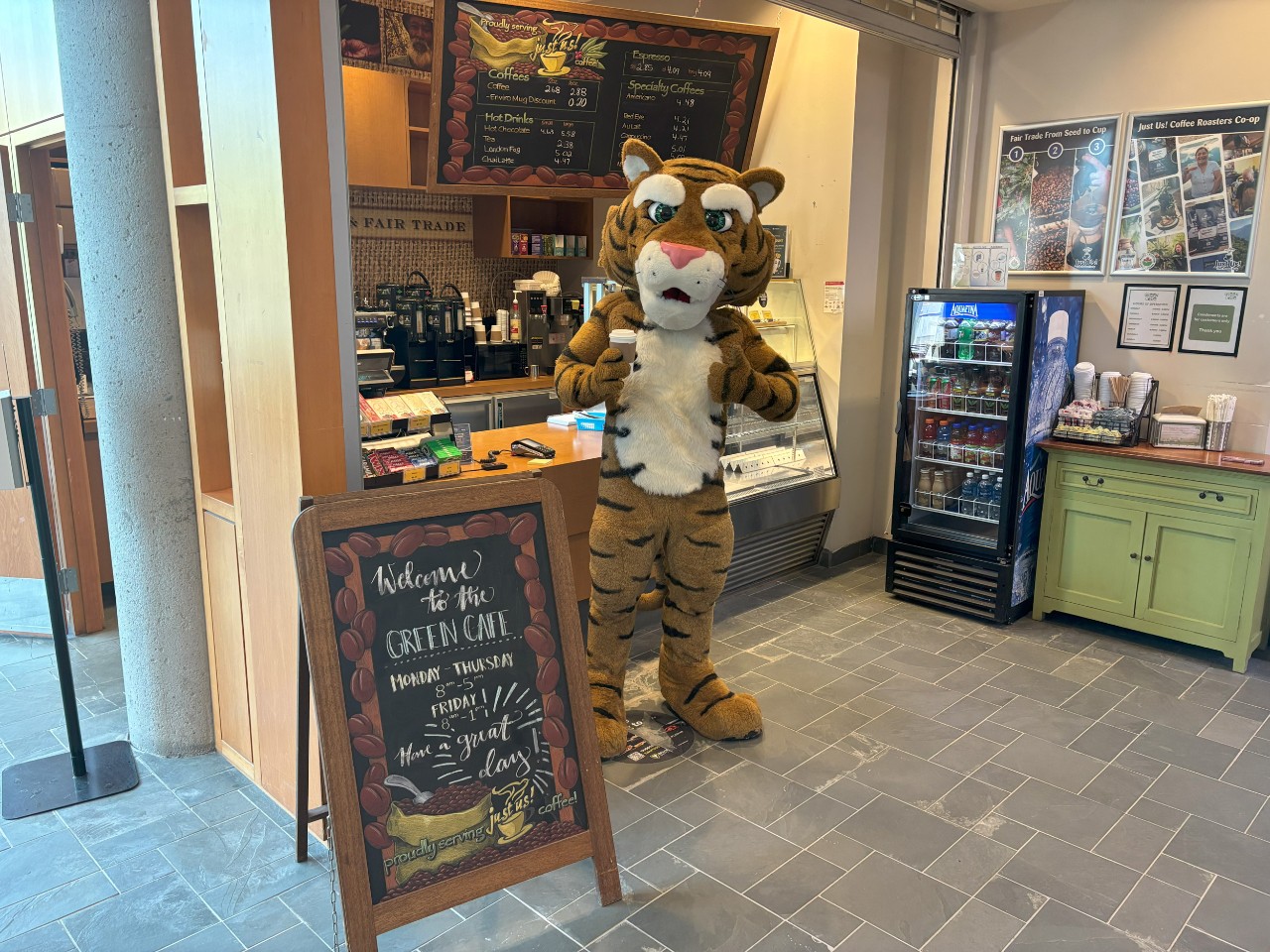 The Dal Tiger holds a coffee in front of the Green Cafe location