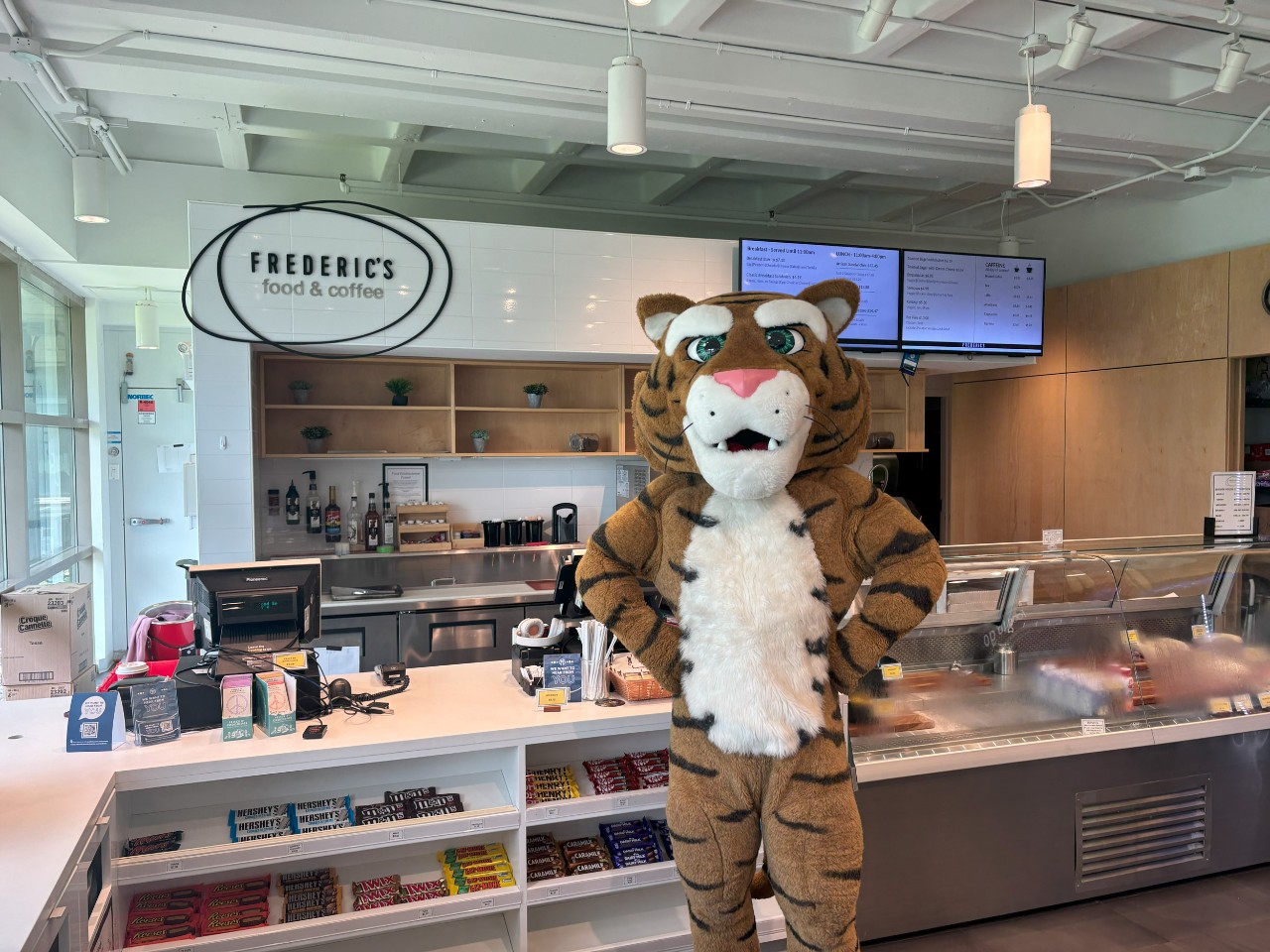 The Dal Tiger stands with hands on hips in front of the Frederic's cafe