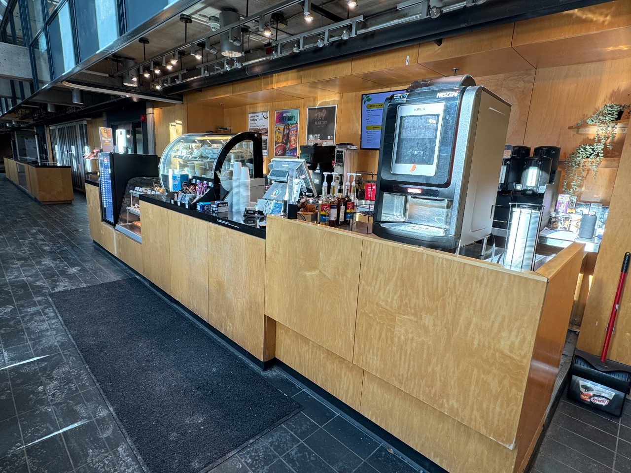 The Ground Zero coffee shop in the computer sciences building, with a gourmet coffee machine, snacks, and other drinks