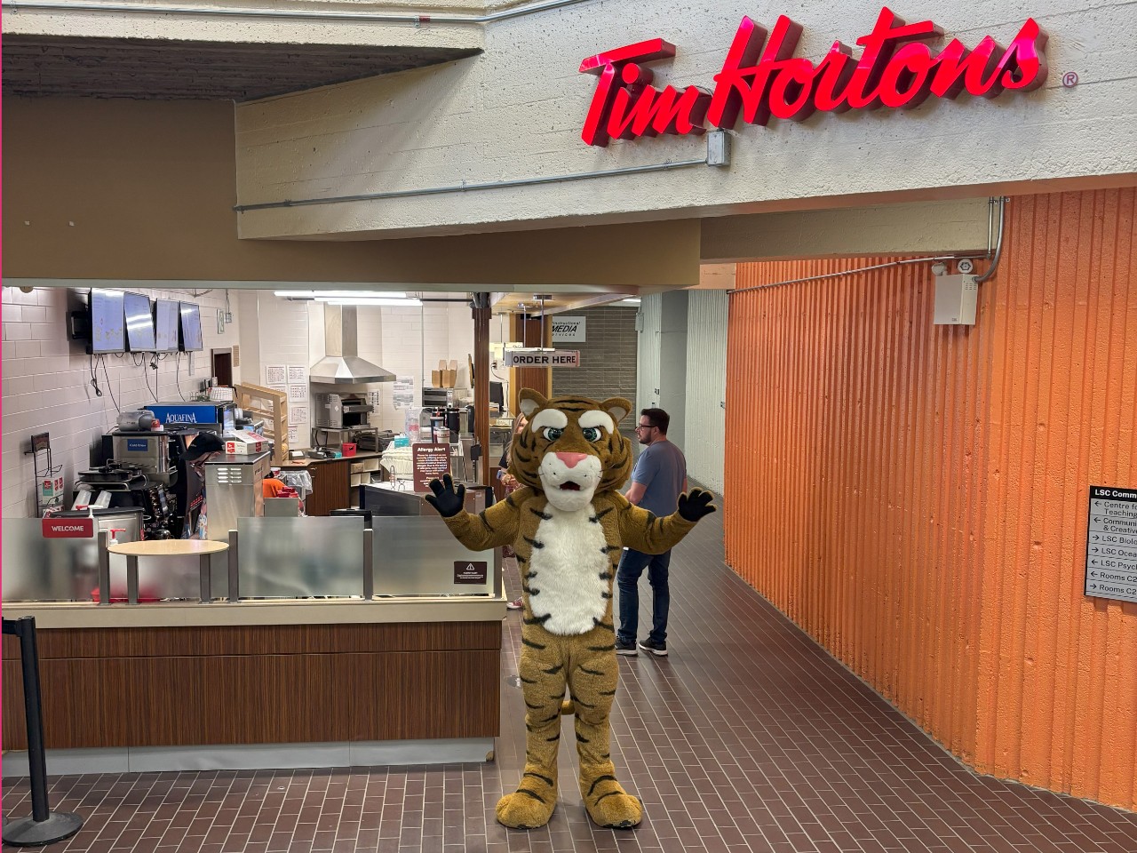The Dal Tiger stands with arms outreached in front of the Tim Hortons in the LSC