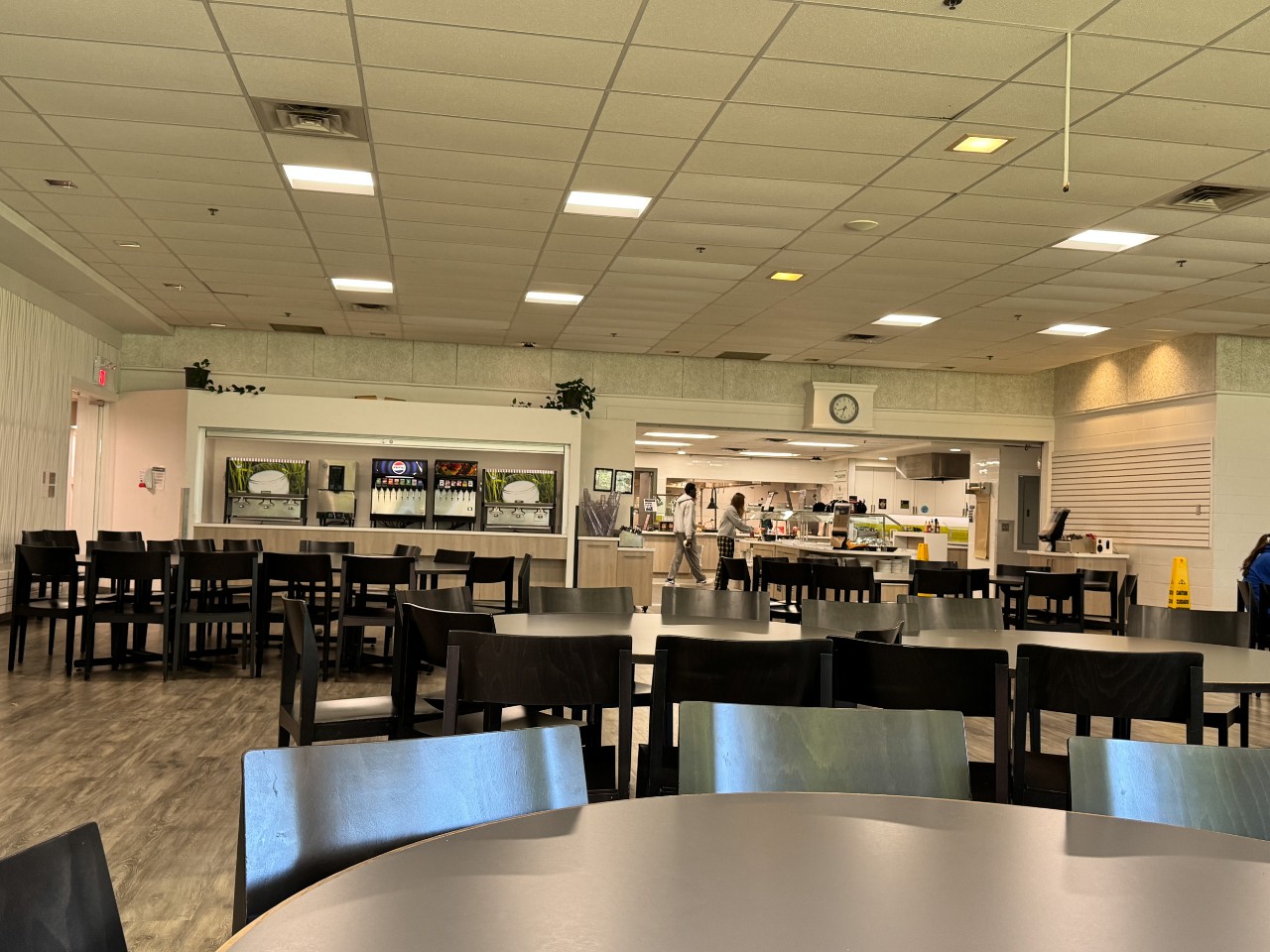 The seating area at Jenkins dining hall, with plenty of round tables and wooden chairs