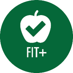 A round dark green icon with an apple indicating fit+ 