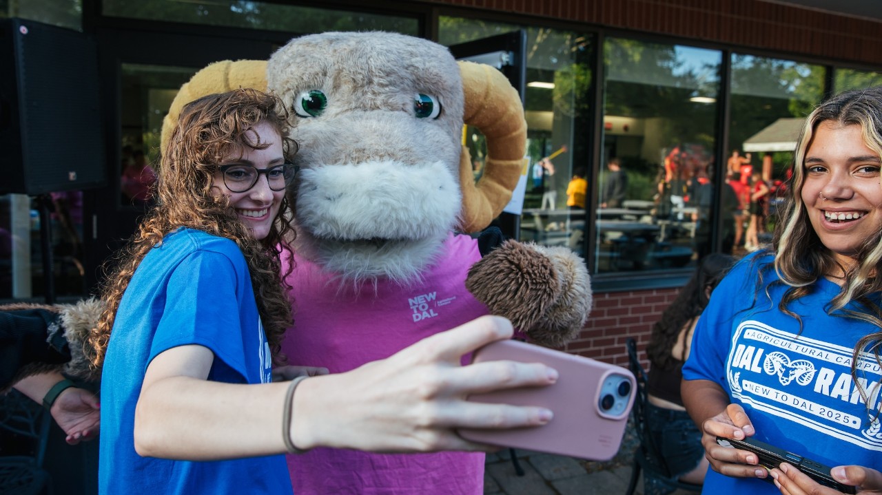 A student with long hair and glasses takes a selfie with her pink phone of her and a Ram mascot.