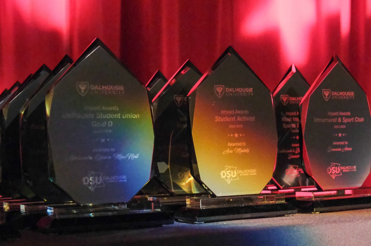 A selection of trophies for the Dalhousie Impact Awards.
