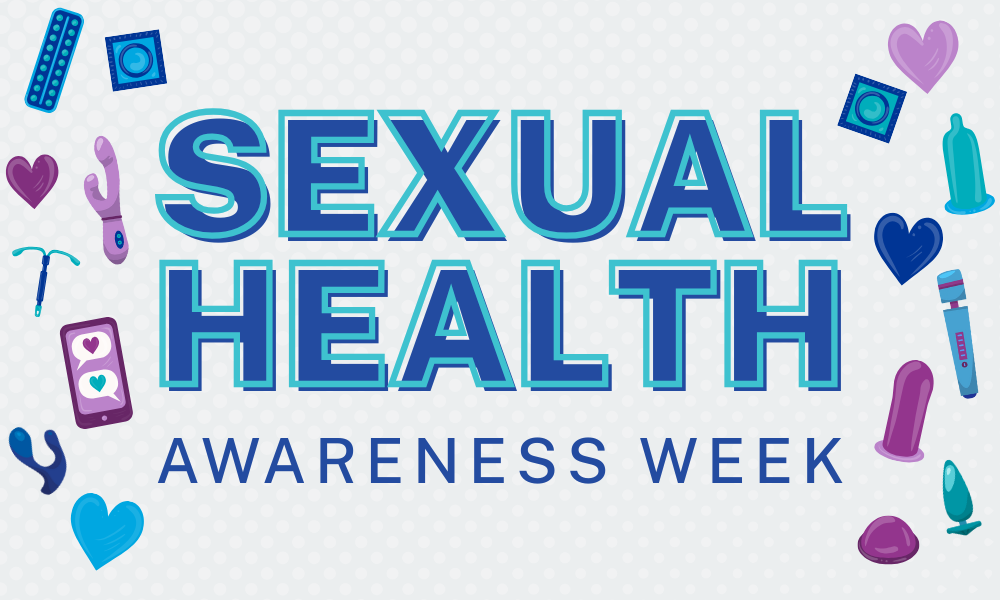 Colourful graphics showing sexual health imagery on either side of the title Sexual Health Awareness Week.