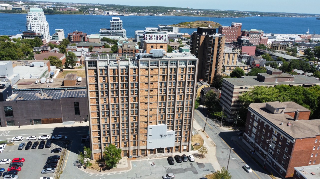 Aerial photo of Gerard Hall, looking out to the Halifax Harbour.