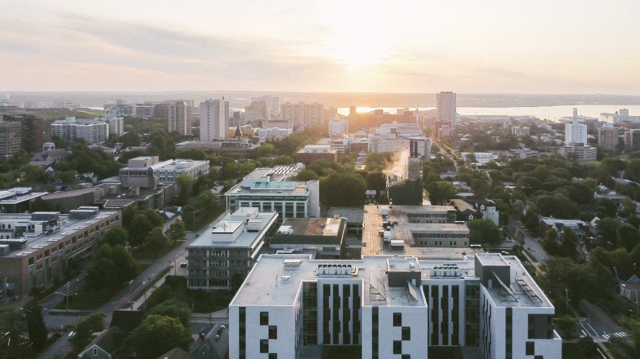 Aerial photo of sunset over the Studley campus in Halifax