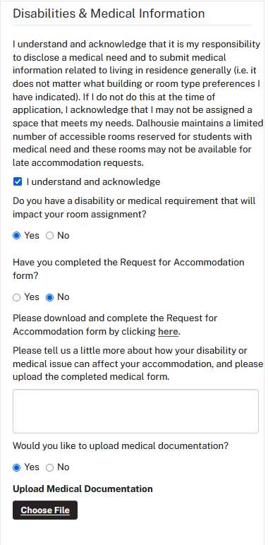 Screenshot of the section in the Residence application that covers request for medical accommodation
