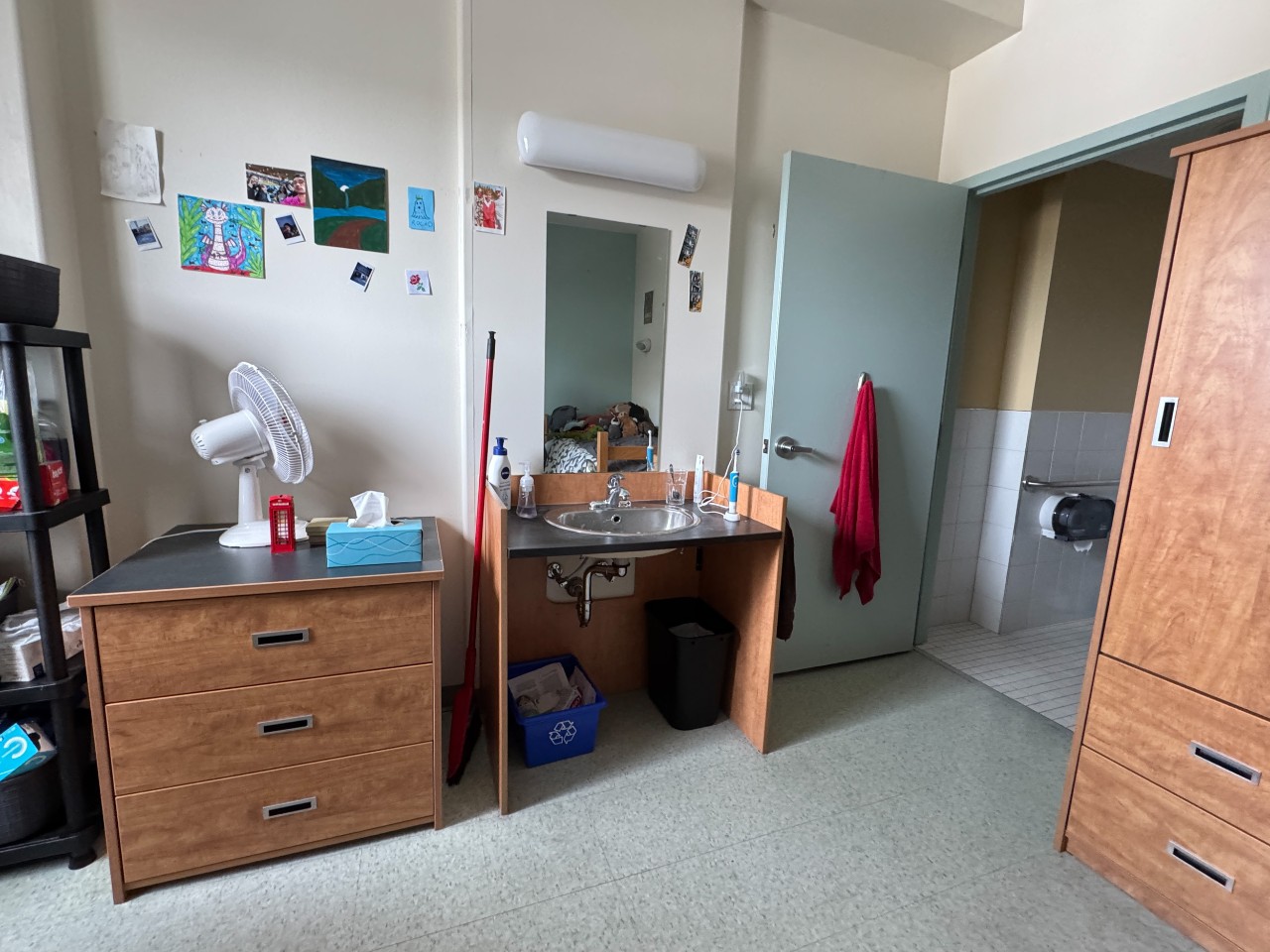 A photo of an accessible room in Risley Hall, featuring a roll-under sink
