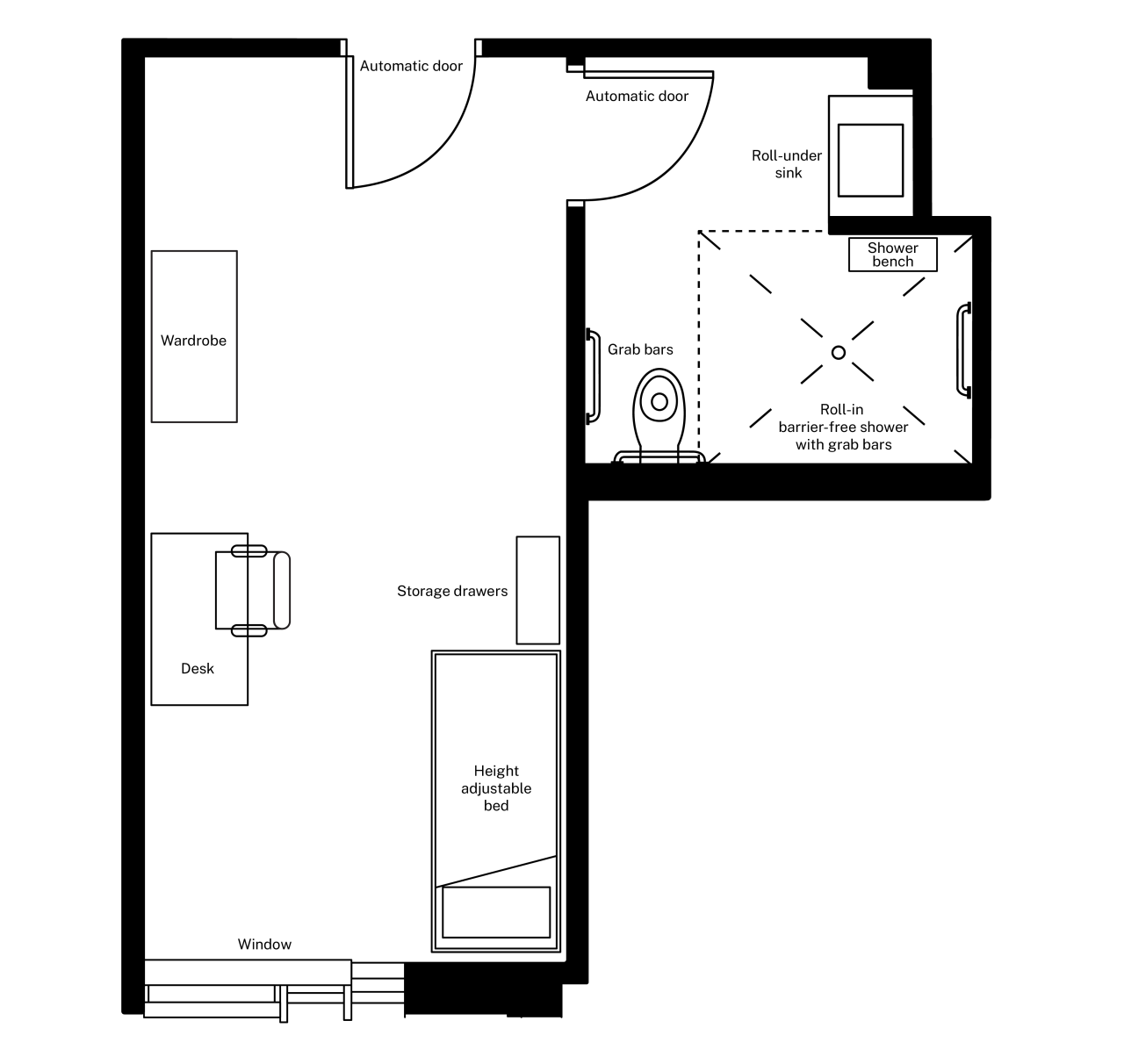 A floor plan of an accessible room in LeMarchant Place