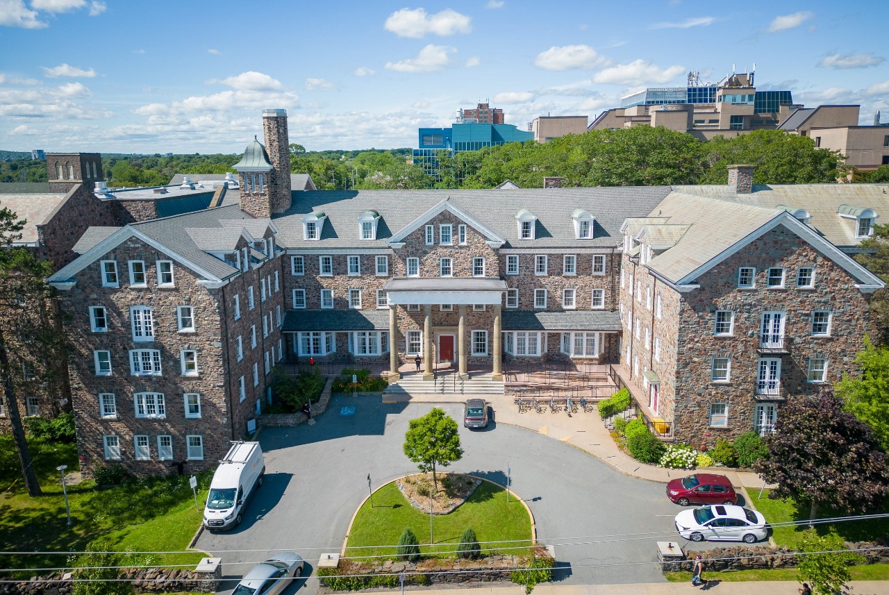 An aerial photo of the front of Shirreff Hall