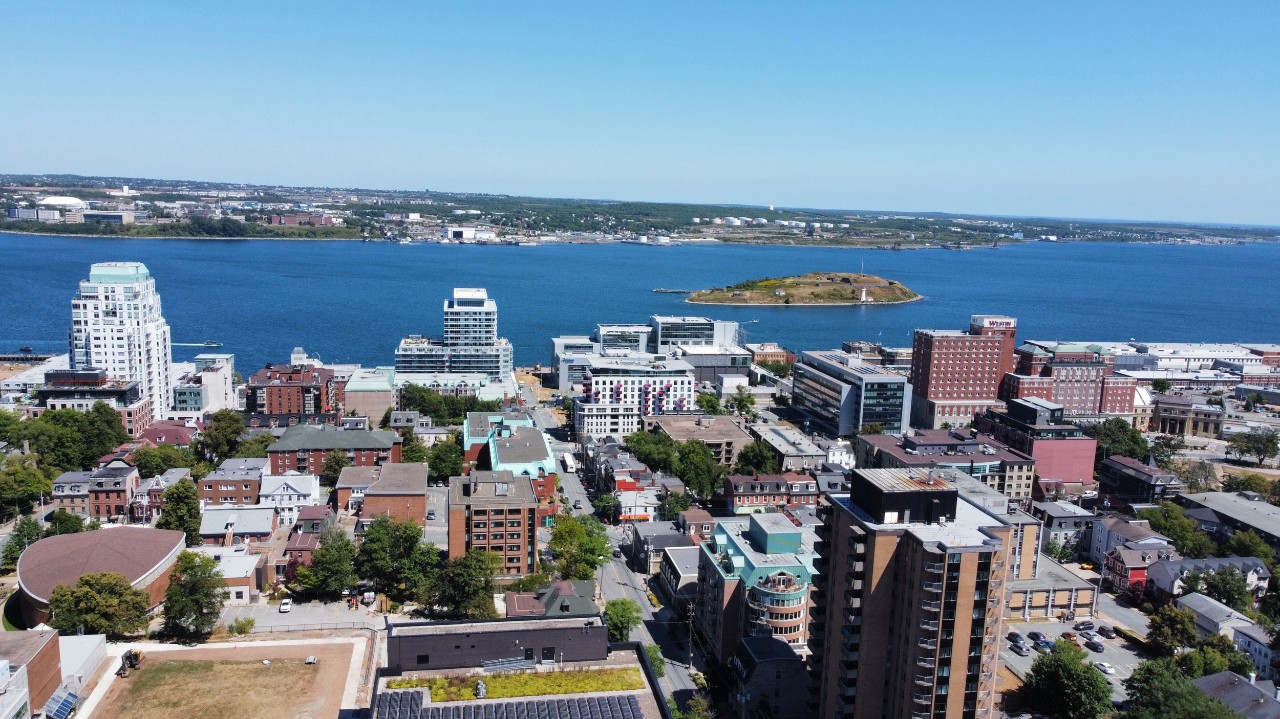 The view from above Gerard Hall showing Halifax Harbour and George's Island
