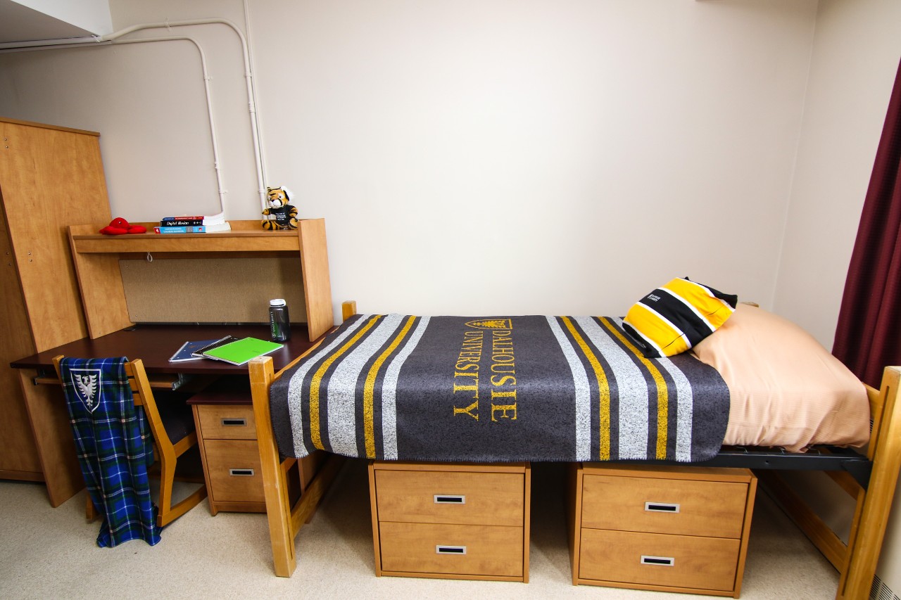 An adjustable bed in Gerard Hall, with storage drawers underneath