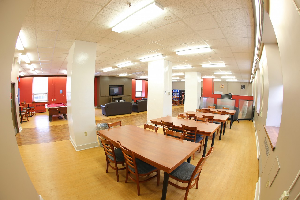 The main floor lounge in Gerard Hall, with plenty of tables for studying and other activities
