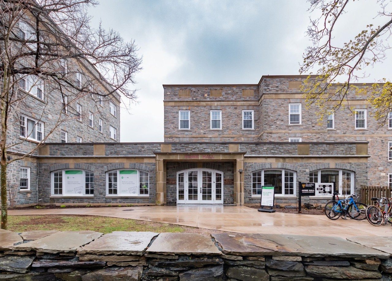 The stone-faced front entrance of Howe Hall
