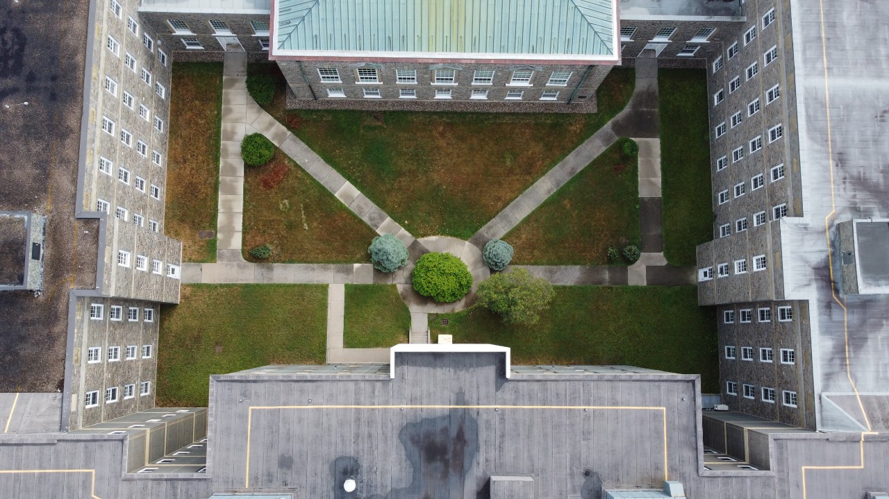 An aerial view of the Howe Hall courtyard