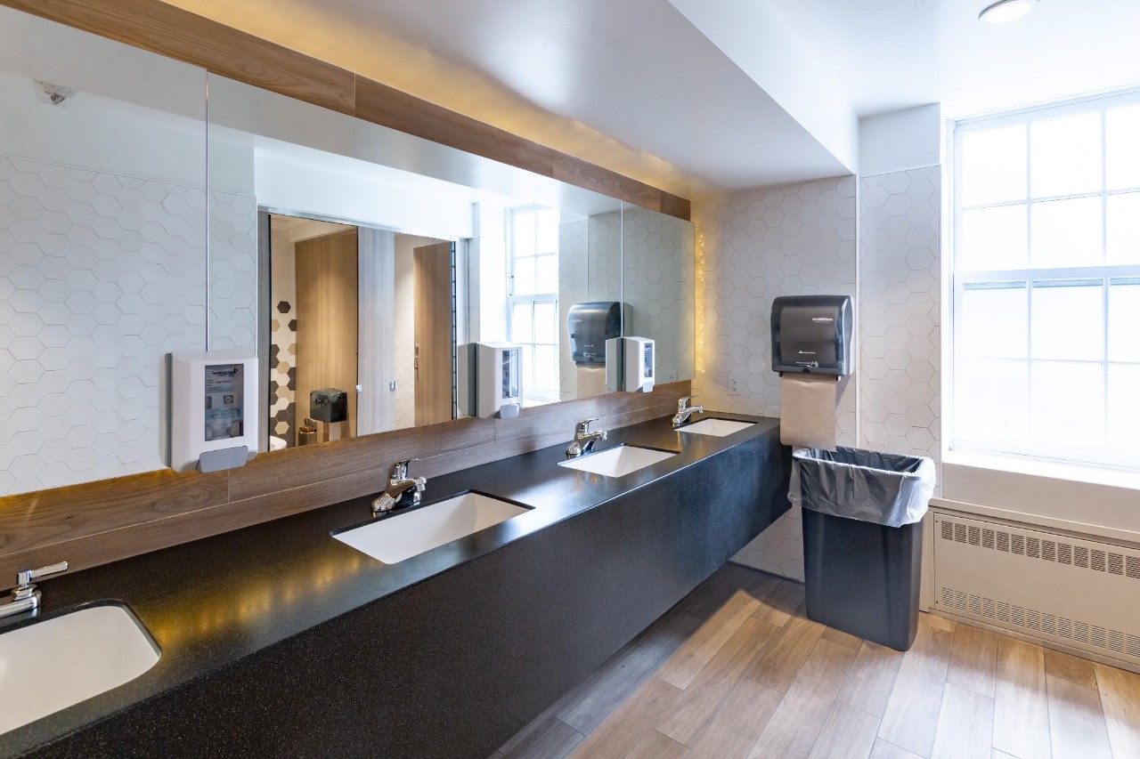 The sinks in a newly renovated bathroom in Howe Hall