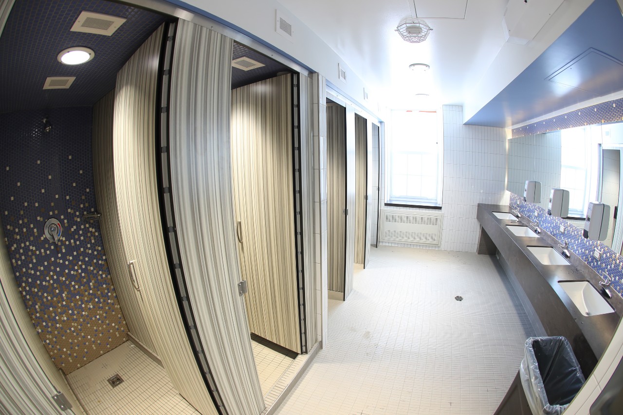 The full-height shower stalls in a bathroom in a newly renovated bathroom in Howe Hall