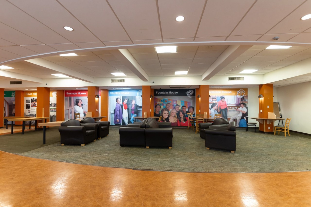 The leather seating in the large study lounge on the lower floor of Howe Hall