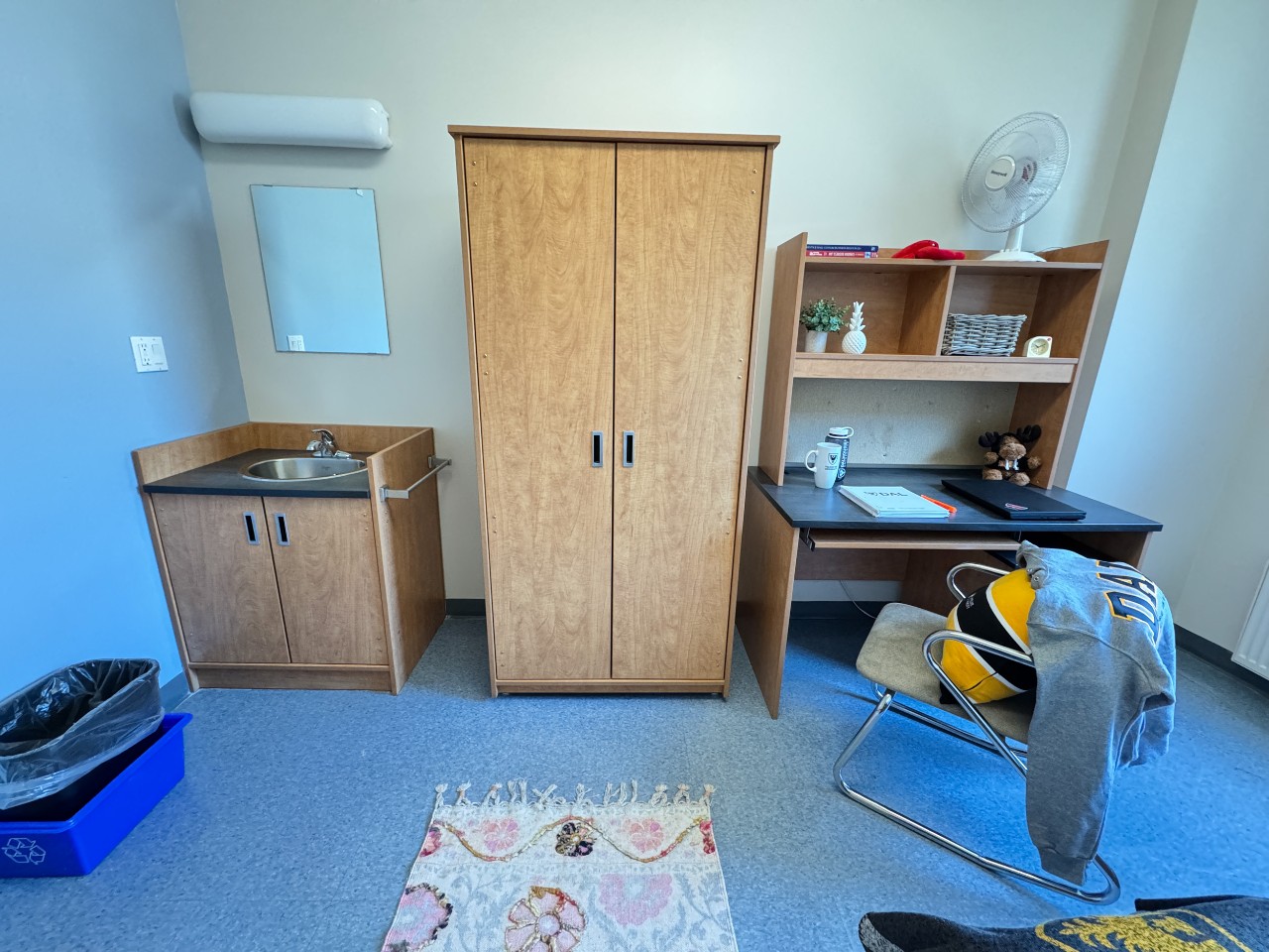 The wardrobe, sink and desk in a single room in Fountain House
