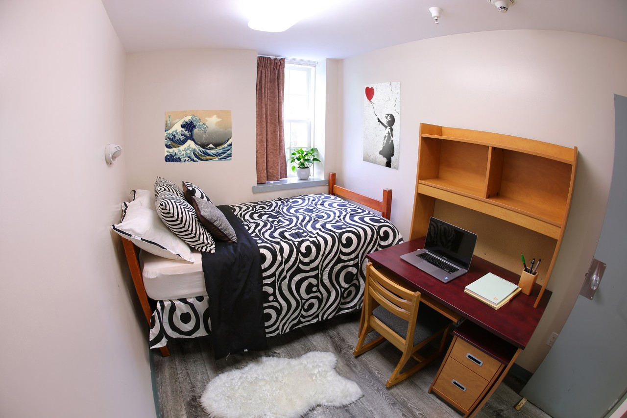 A single room in Cameron House in Howe Hall, staged with bedding, a laptop on the desk, and posters on the wall.