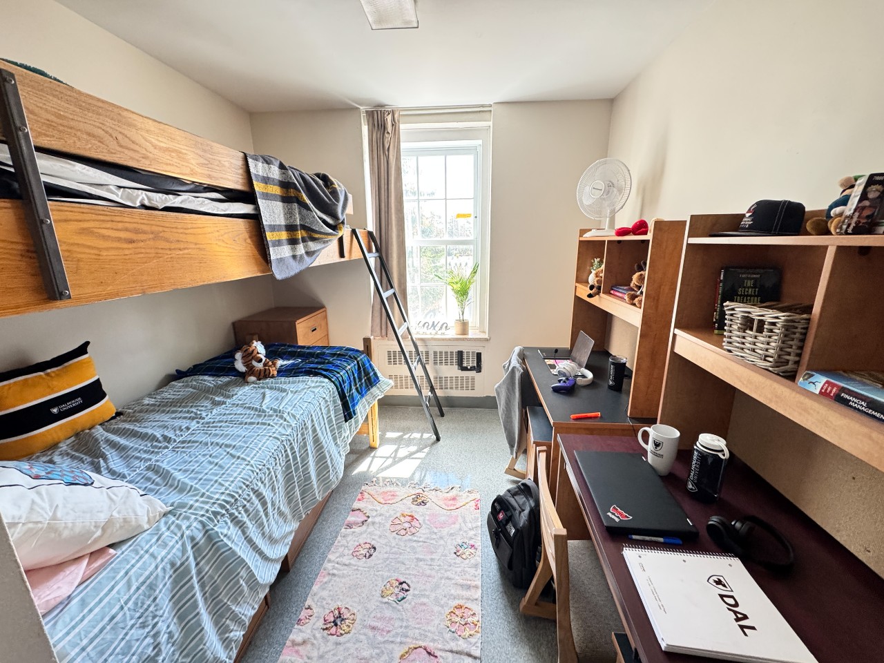 A bunk double room in Bronson House with 2 desks and bunk beds
