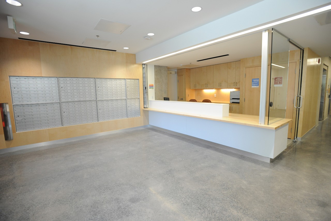 The main lobby in LeMarchant Place - with the front desk and mail slots