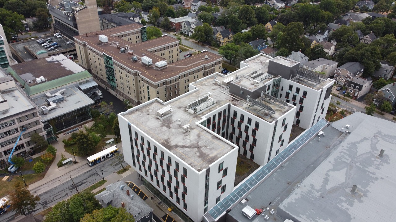 An aerial photo of LeMarchant Place facing Risley Hall