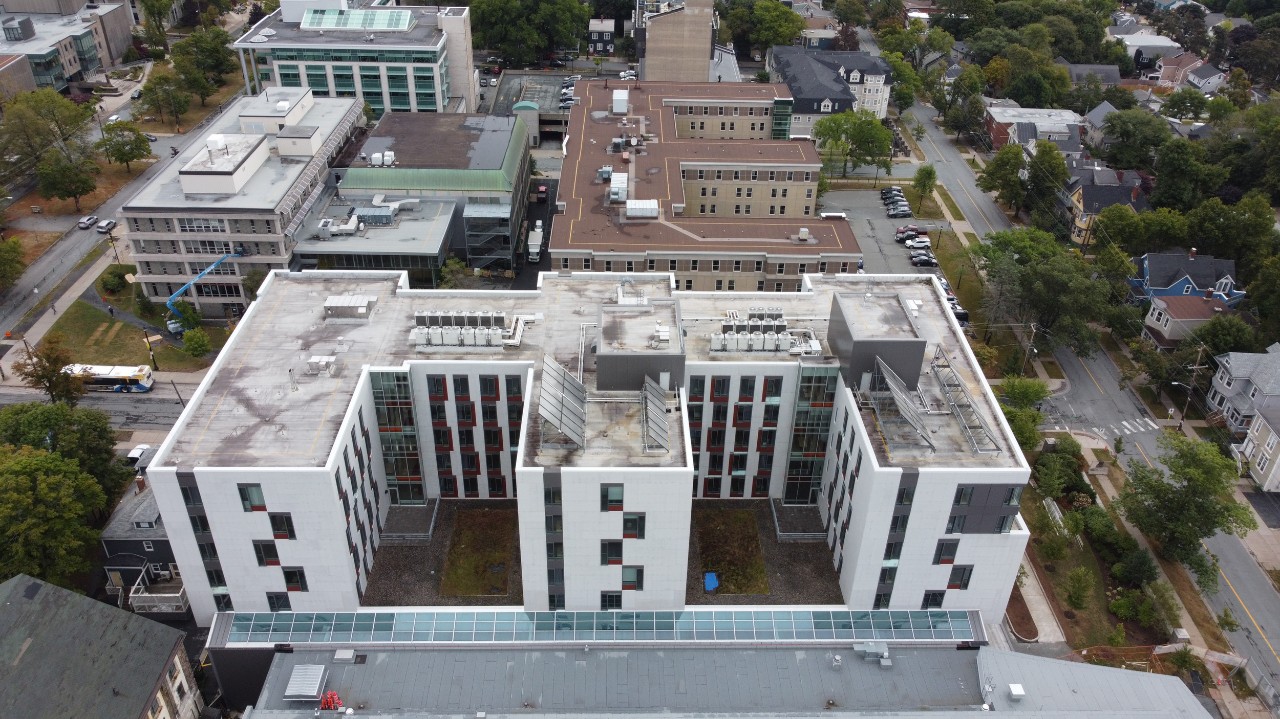 An aerial photo of LeMarchant Place facing Risley Hall