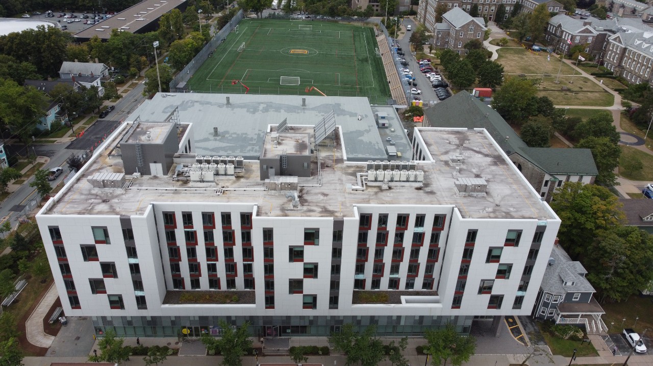 An aerial photo of LeMarchant Place facing Wickwire Field