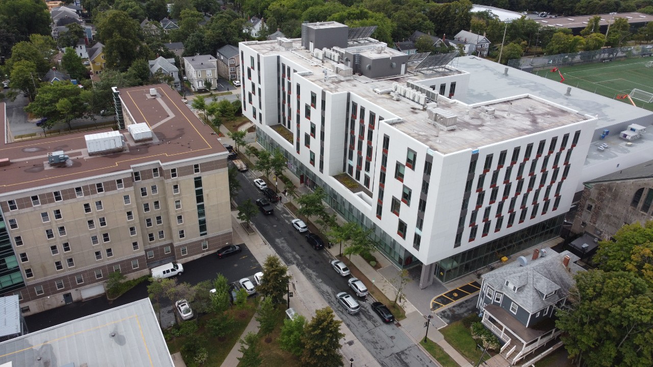 An aerial photo of LeMarchant Place showing Risley Hall as well