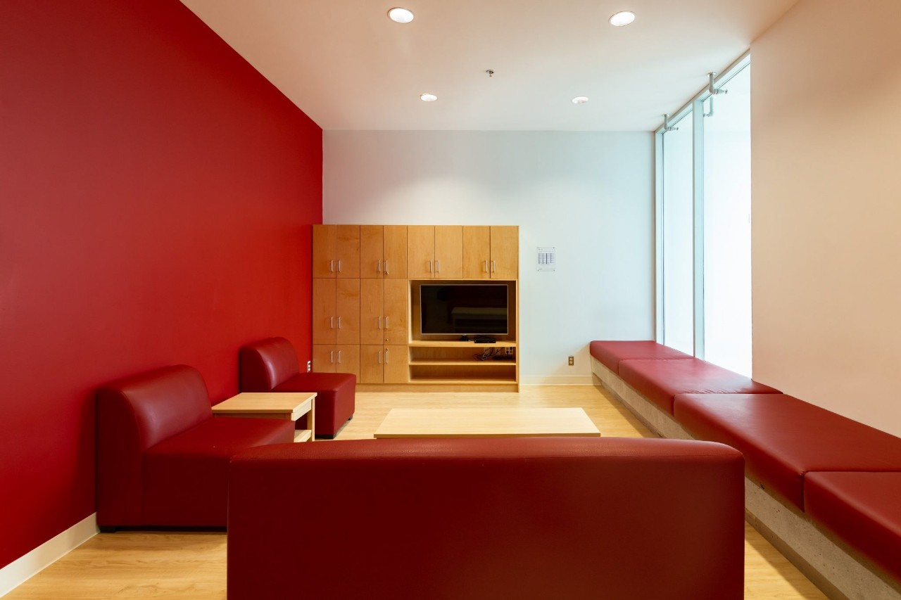 A TV room in LeMarchant Place with red leather seating, red wall, bright window and TV 