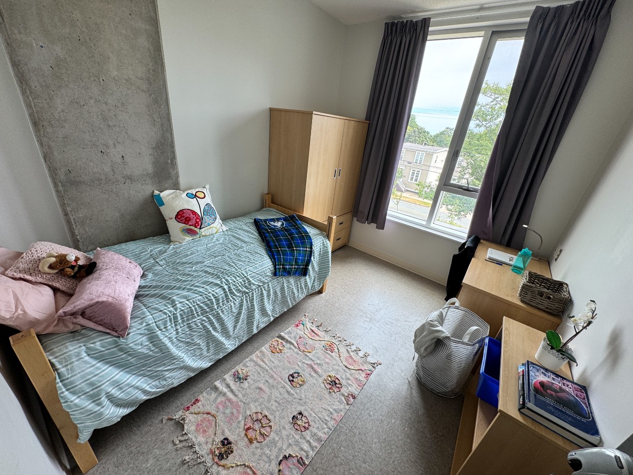 A bedroom in a 2-bedroom suite in LeMarchant Place with bed, desk, shelves, and wardrobe