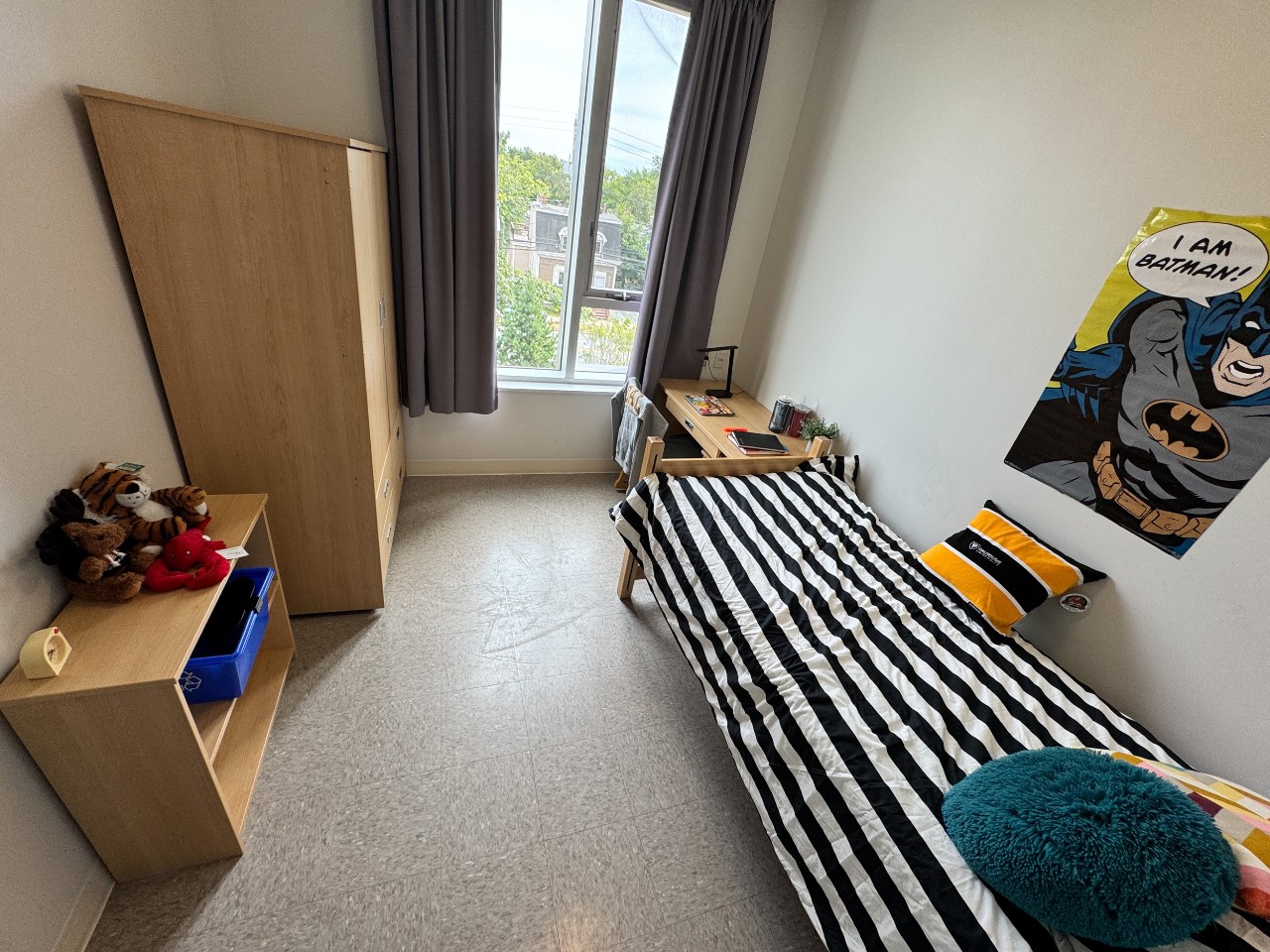 A bedroom in a 2-bedroom suite in LeMarchant Place with bed, desk, shelves, and wardrobe