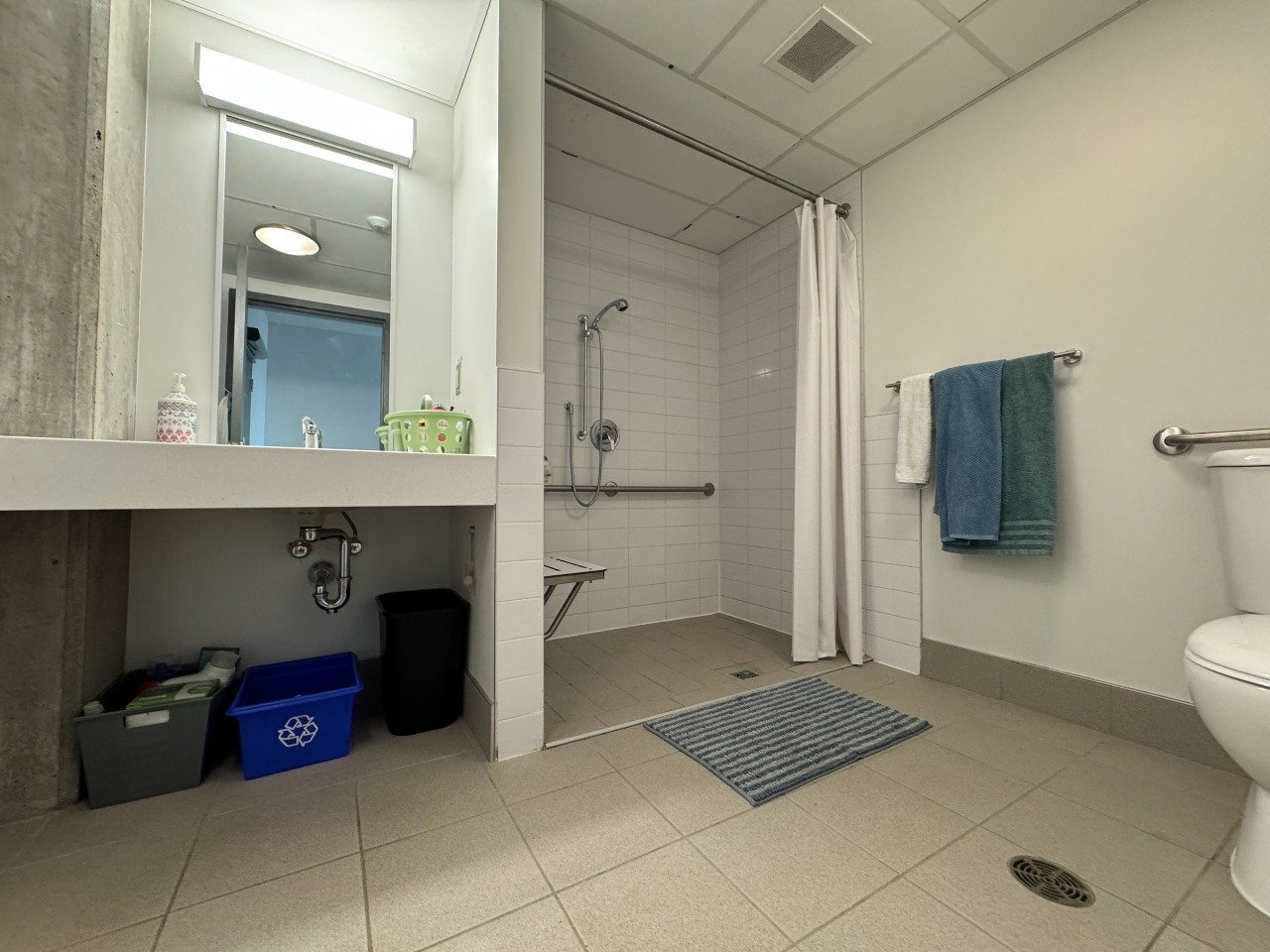 An accessible bathroom in LeMarchant Place, with a roll-under sink and roll-in shower