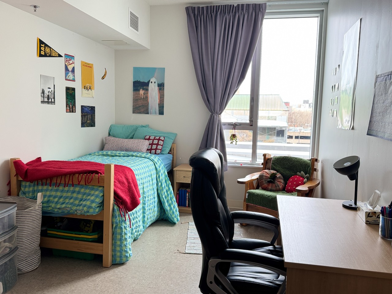 An accessible room in LeMarchant Place, with a playful reading chair tucked in the corner by the window