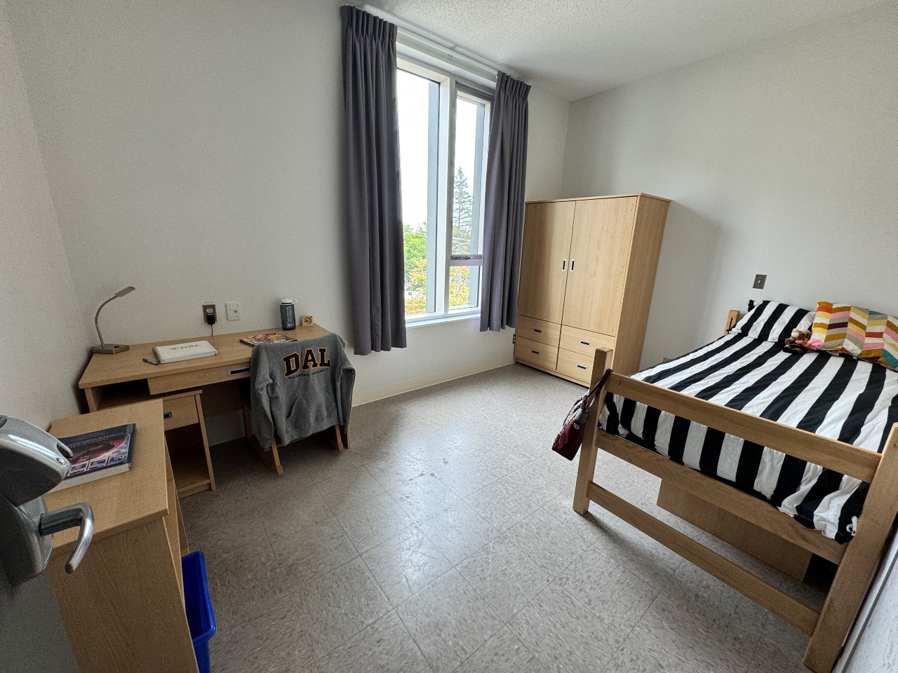 A bedroom in a 3-bedroom suite in LeMarchant Place featuring a bed, desk, wardrobe, and shelves.