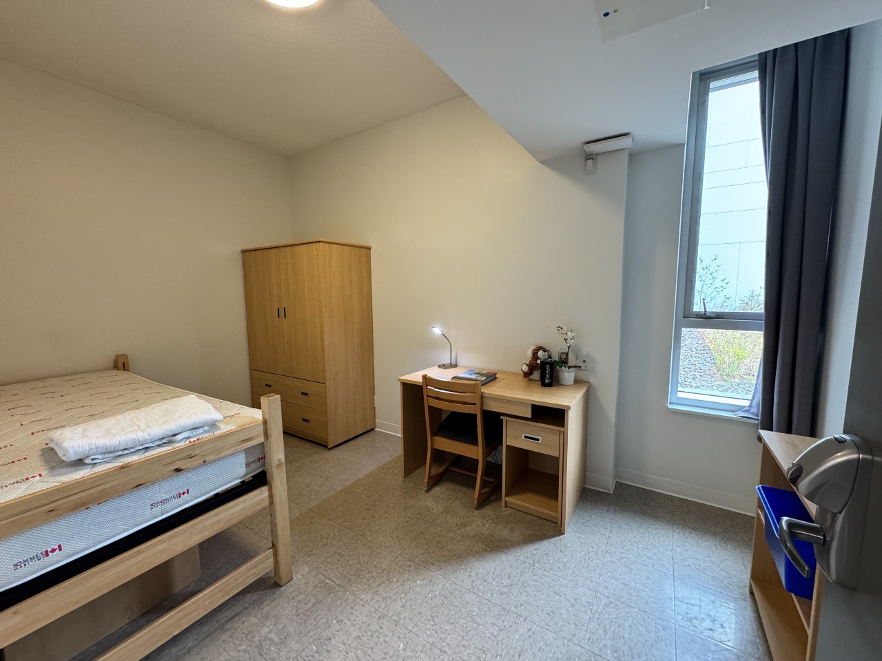 A bedroom in a 3-bedroom suite in LeMarchant Place featuring a bed, desk, wardrobe, and shelves.