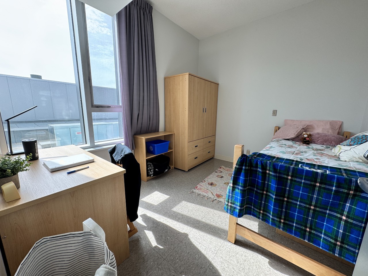 A bedroom in a 4-bedroom suite in LeMarchant Place featuring a bed, wardrobe, bookshelf, and desk