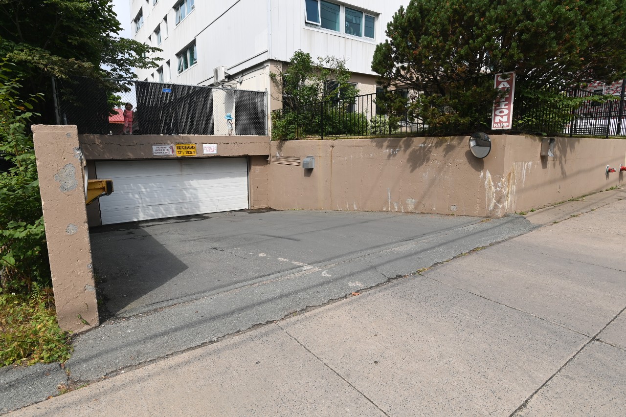 A wide white garage door opens at the end of a downward sloping ramp into the parking garage